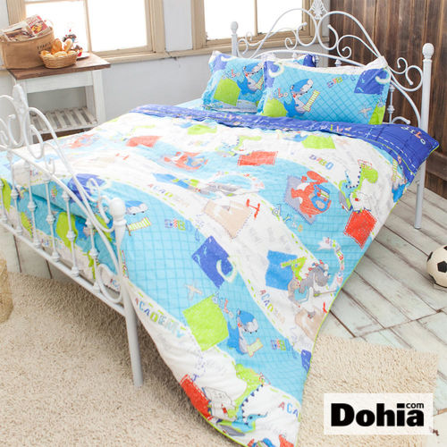 《Dohia-樂學小恐龍》雙人四件式精梳純棉兩用被薄床包組