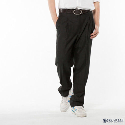【NST Jeans】002(8892) 風尚黑 羊毛x聚酯纖維 打摺西裝長褲(中高腰寬版)打摺西褲/6折出清