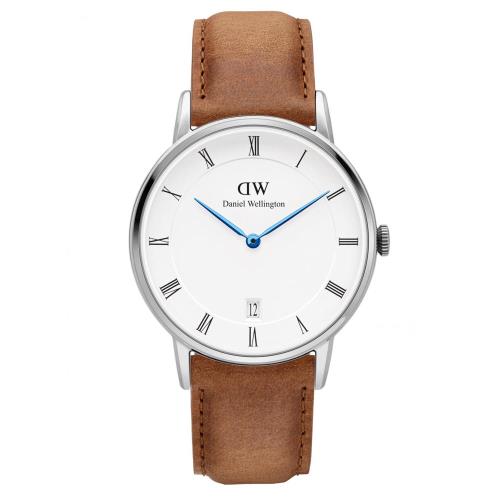 DW Daniel Wellington Dapper 經典淺棕色皮革腕錶-銀框/34mm(DW00100114)