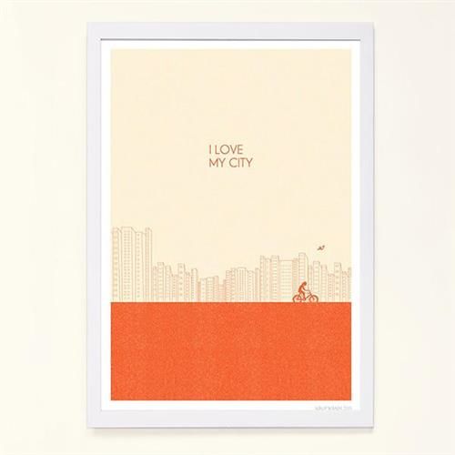 【摩達客】西班牙知名插畫家Judy Kaufmann藝術創作海報掛畫裝飾畫-我愛我的城市(橘紅色) (附Judy本人簽名)(含木框)