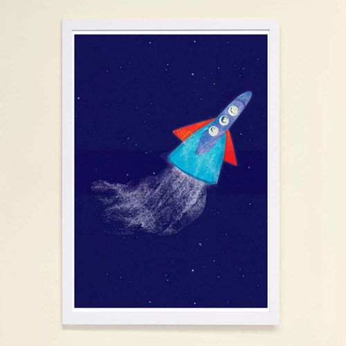【摩達客】西班牙知名插畫家Judy Kaufmann藝術創作海報掛畫裝飾畫-火箭 (附Judy本人簽名)(含木框)