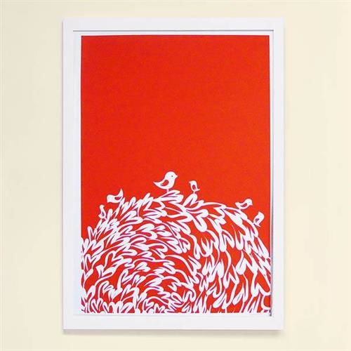 【摩達客】西班牙知名插畫家Judy Kaufmann藝術創作海報掛畫裝飾畫-紅鳥 (附Judy本人簽名)(含木框)