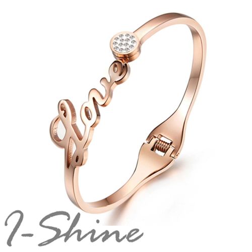 【I-Shine】愛如滿鑽-LOVE英文字 鑲鑽鈦鋼手環