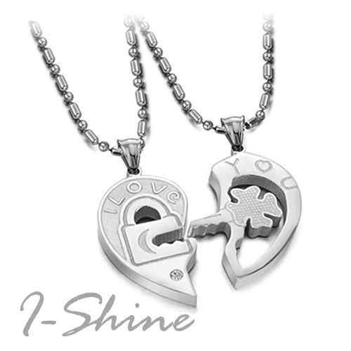 【I-Shine】相愛永恆-西德鋼-愛心圖騰拼合 情侶鈦鋼項鍊(對鍊組)