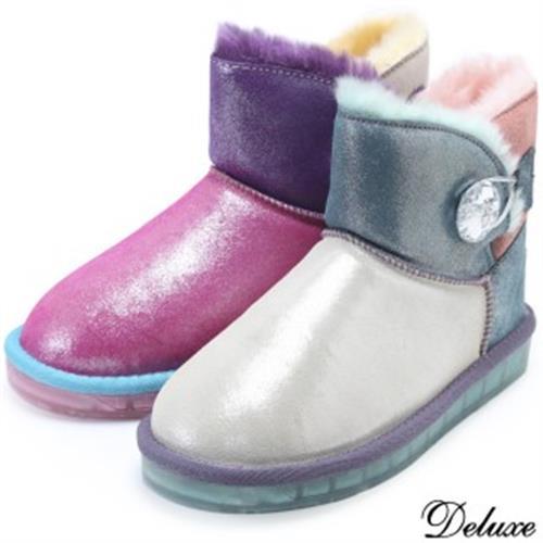 【Deluxe】北歐時尚雙拼撞色仿麂皮保暖絨毛雪靴(粉★白)-8881-3
