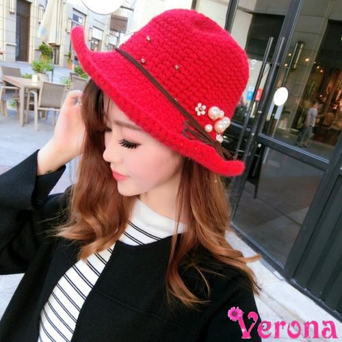 【Verona】珍珠捲邊手工針織漁夫帽保暖毛線帽