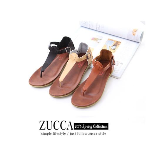 ZUCCA【Z5933】盛夏皮革T字夾腳休閒涼鞋-白色/黑色