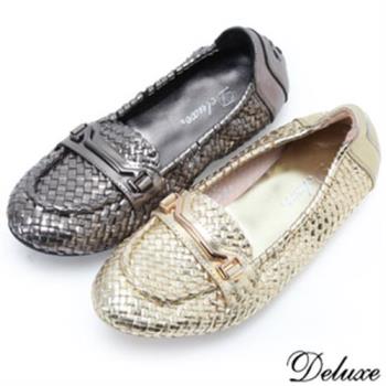 【Deluxe】全真皮純手工編織羊皮純色金屬飾頭包鞋(灰-金)-607-1