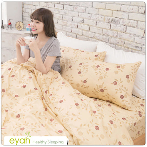 【eyah】雙人加大三件式精梳純棉床包枕套-LV玫瑰魅力-黃