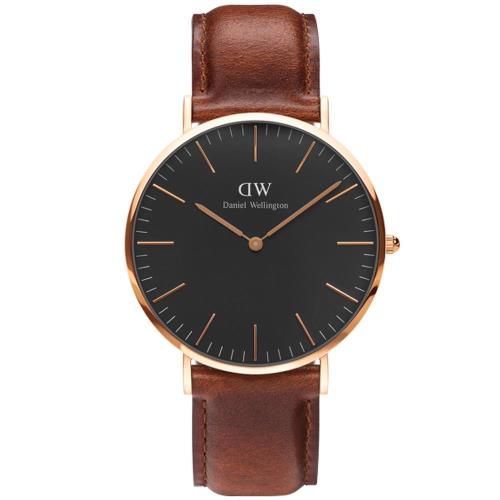 DW Daniel Wellington 經典深咖啡皮革腕錶-金框/40mm(DW00100125)