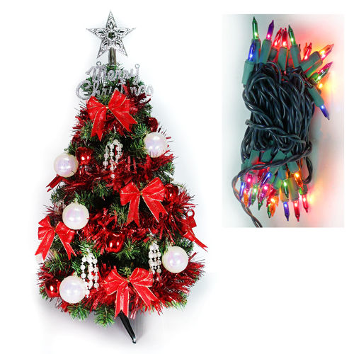台灣製可愛2呎/2尺(60cm)經典裝飾聖誕樹(白五彩紅系配件)+50燈彩色樹燈串