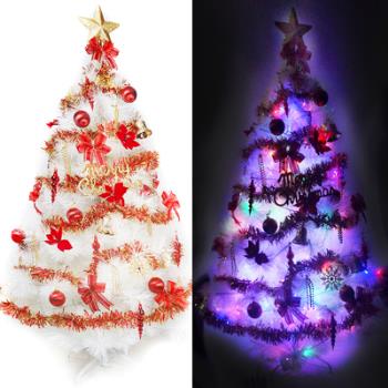 摩達客耶誕-台灣製6尺(180cm)特級白色松針葉聖誕樹 (紅金色系)+100燈LED燈彩光2串(附控制器跳機)(本島免運費)