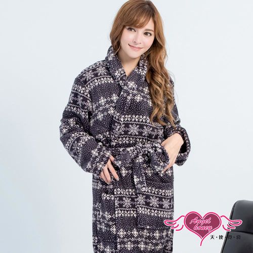 天使霓裳 保暖睡袍 幾何雪花 柔軟珊瑚絨一件式綁帶連身睡衣(黑F) AQ60992