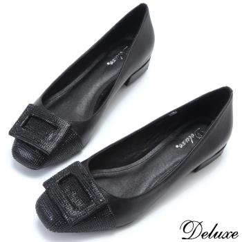 【Deluxe】全真皮低調黑鑽方形飾扣粗跟包鞋(黑)-3661-20