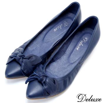 【Deluxe】全真皮魅惑蝴蝶藍小坡跟尖頭包鞋(藍)-8389-25