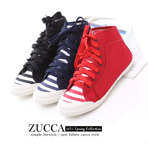 ZUCCA【Z5828】率性條紋布繫帶休閒鞋-紅色/黑色