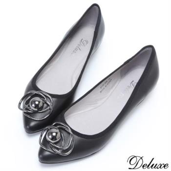 【Deluxe】全真皮歐式浪漫花朵尖頭娃娃鞋(黑)-8012-35A