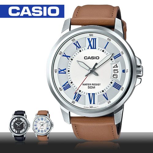 【CASIO 卡西歐】簡單大方_皮革錶帶_日期顯示_防水_礦物玻璃_指針男錶(MTP-E130L)