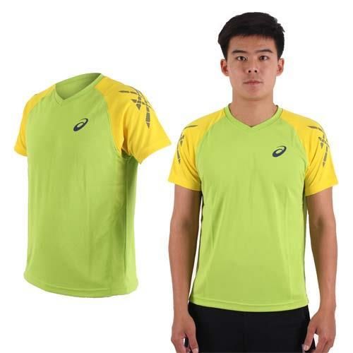 【ASICS】男排羽球短袖T恤-訓練 排球 羽球 亞瑟士 綠黃