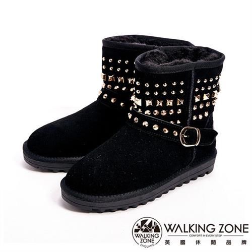【WALKING ZONE】經典鉚釘造型內刷毛雪靴-黑