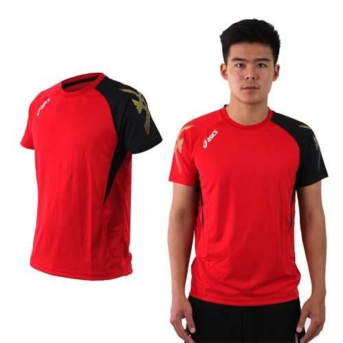 【ASICS】男排羽球短袖T恤-排球 羽球 訓練 亞瑟士 紅黑金