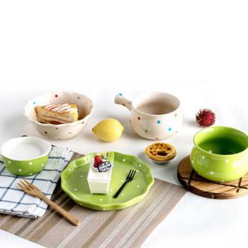 【Pure】西芙質感水玉點點餐盤5件組白+綠