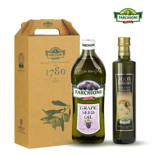 義大利【法奇歐尼】健康禮盒-莊園特級冷壓初榨橄欖油500ml+莊園葡萄籽油1000ml（共2瓶)