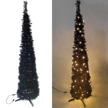 摩達客_6尺(180cm) 彈簧摺疊黑色哈利葉瘦型鉛筆樹聖誕樹 (+LED100燈暖白光一串)本島免運費