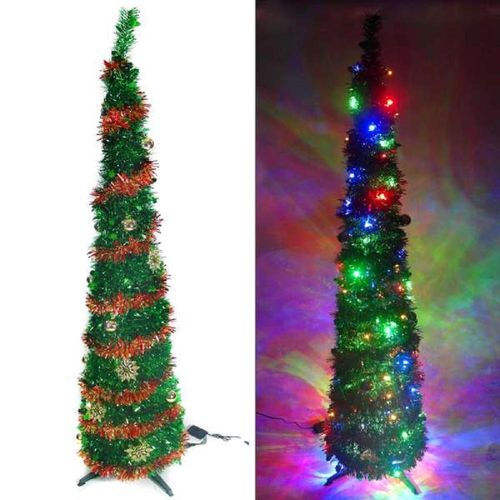 6尺/6呎(180cm) 彈簧摺疊綠色哈利葉瘦型鉛筆樹聖誕樹 (+LED100燈四彩光一串+紅系吊飾品組)