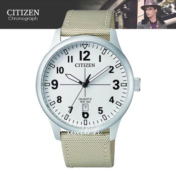 【CITIZEN 日系星辰】簡約時尚 尼龍錶帶 日期顯示 礦物玻璃 防水 指標男錶(BI1050-05A)