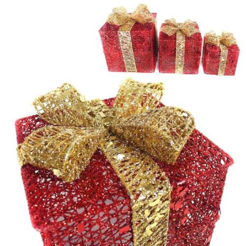 聖誕紅金系金蔥禮物盒擺飾(一組含大中小三入)（可置於聖誕樹下或溫暖角落）