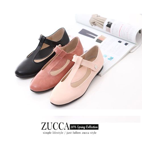 ZUCCA【Z6019】日系皮革T字金屬扣環鞋-黑色/粉色/白色 
