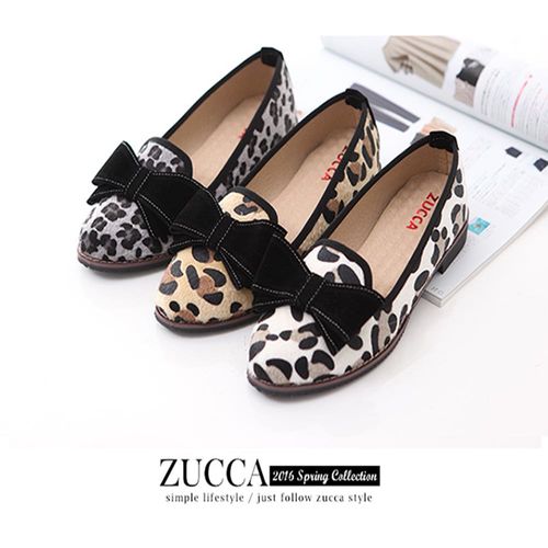 ZUCCA【Z6017】日系豹紋朵結平底鞋-灰色/白色/駝色