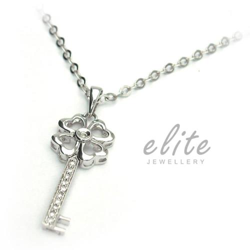 【Elite 伊麗珠寶】925純銀項鍊 八心八箭美鑽系列 - 幸運草鑰匙