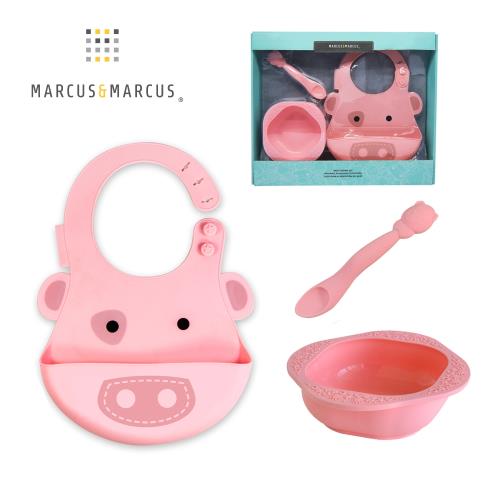 【MARCUS&MARCUS】動物樂園餵食禮盒組(圍兜+湯匙+餐碗)-粉紅豬