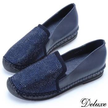 【Deluxe】全真皮亮麗造型水鑽拼接厚底休閒鞋(藍)-1428-1