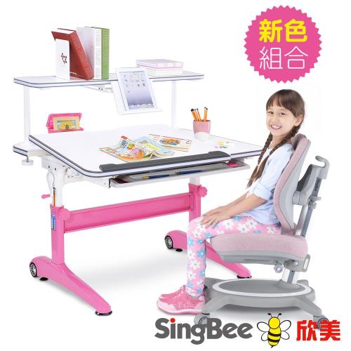 【SingBee欣美】酷炫L桌+上層書架+132雙背椅-105cm桌面/可升降桌椅 成長桌椅組 兒童桌椅組