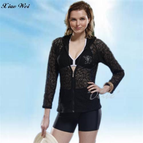 【泳之美】長袖黑色別緻蕾絲連帽外罩衫 NO.127