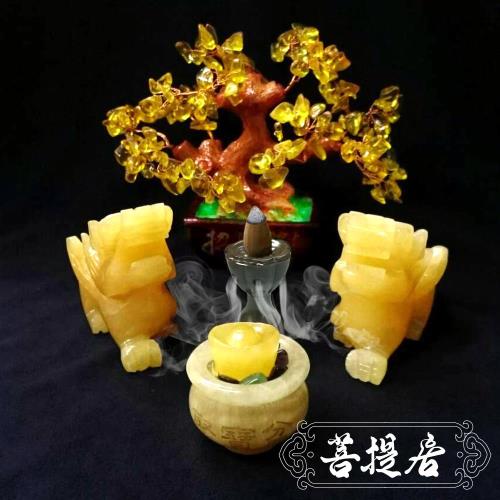 菩提居 至尊飛天催財組-黃玉貔貅一對+聚寶盆+蓮花香座+黃水晶樹