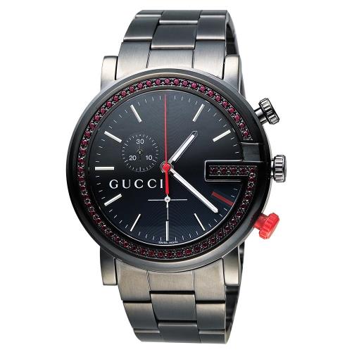 GUCCIG-Chrono頂尖時尚水晶計時碼腕錶-IP黑x紅水晶框/44mmYA101348