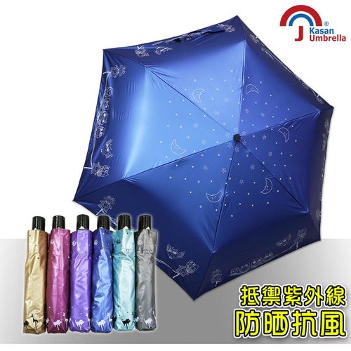 【Kasan】輕量防風抗UV自動雨傘(星空貓頭鷹寶藍款)