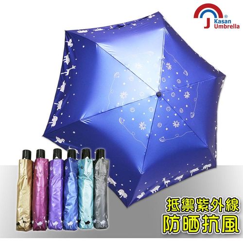 Kasan 輕量防風抗UV自動雨傘(星空動物園寶藍款)