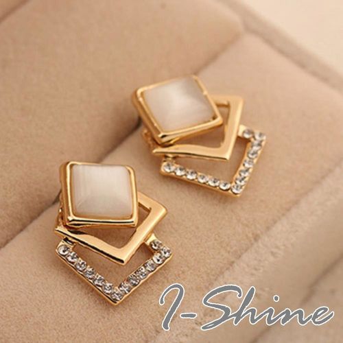 【I-Shine】韓系飾品-貓眼石立體方塊氣質鑲鑽耳環