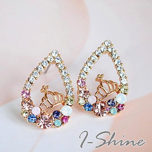 【I-Shine】韓系飾品-皇冠水滴彩鑽耳環