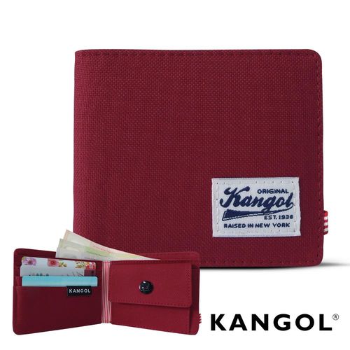 【KANGOL】韓式潮流 多夾層/零錢袋橫式短皮夾+鑰匙圈禮盒(帆布深紅 KG1162-26)