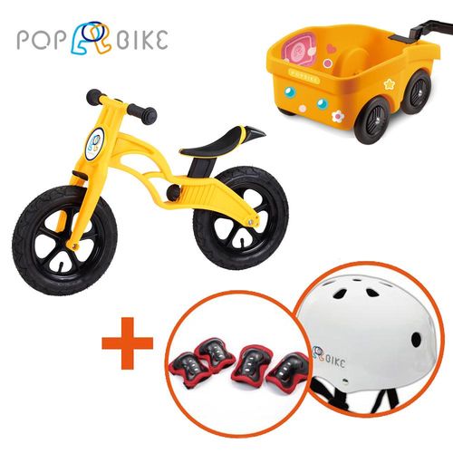 【BabyTiger虎兒寶】POPBIKE 兒童平衡滑步車 - AIR充氣胎 + 安全拖車組(黃)