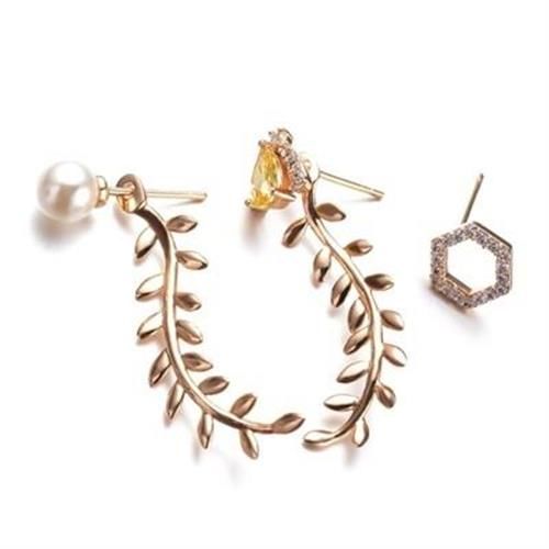 【米蘭精品】玫瑰金純銀耳環鑲鑽耳飾韓版時尚柳葉造型73gt41