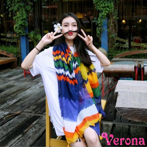 【Verona】亮麗多彩波浪條紋流蘇棉麻絲巾圍巾披肩