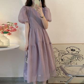 2023新款法式高級感女裝紫色泡泡袖連衣裙子初戀溫柔風氣質長裙夏