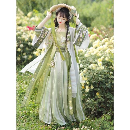 宋制漢服女春夏中國風齊腰百迭裙綠色仙氣飄逸漢旭清梔原創長褙子